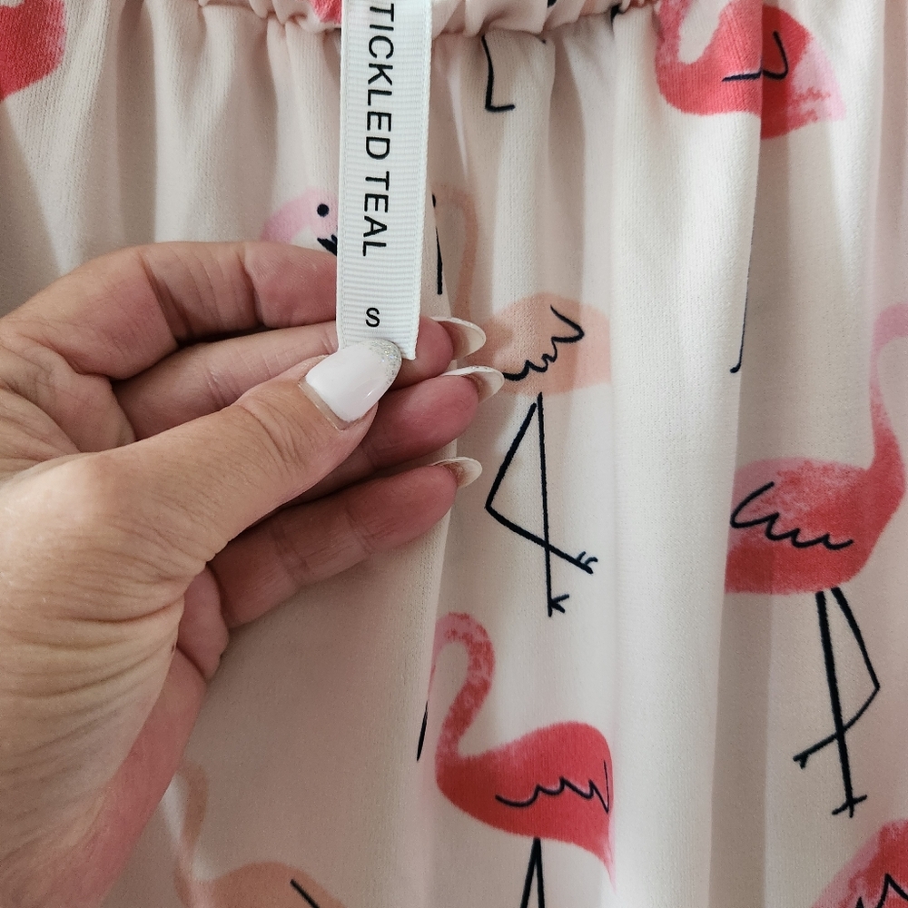 Tickled Teal Flamingo Print Off-the-Shoulder Peasant Top - Blush Pink 3/4 Sleeve - Picture 4 of 9